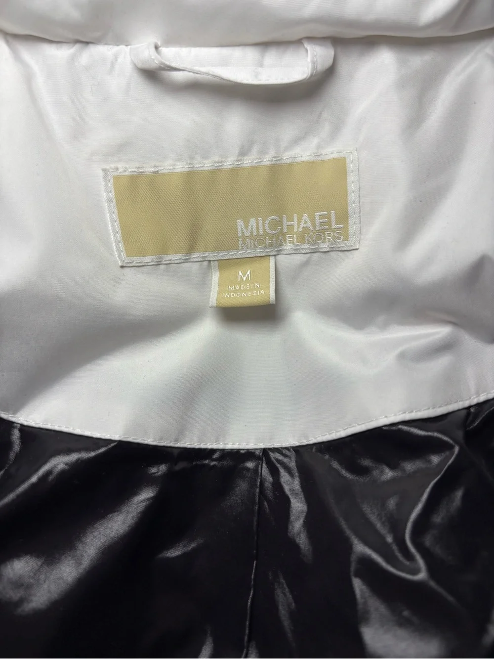 Michael Kors White Puffer Coat with Black Fur-Trim Hood